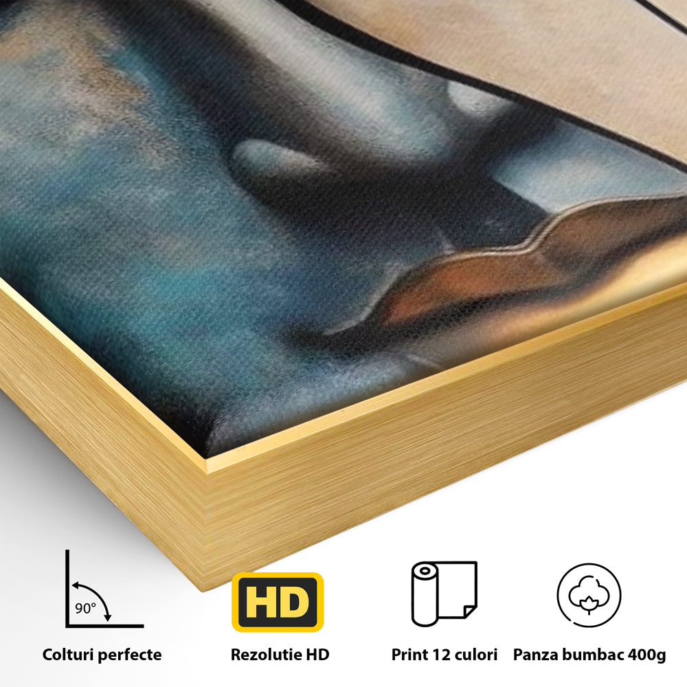 Detaliu al suprafetei: tablou canvas cu chipul lui buddha, in rama de aluminiu auriu